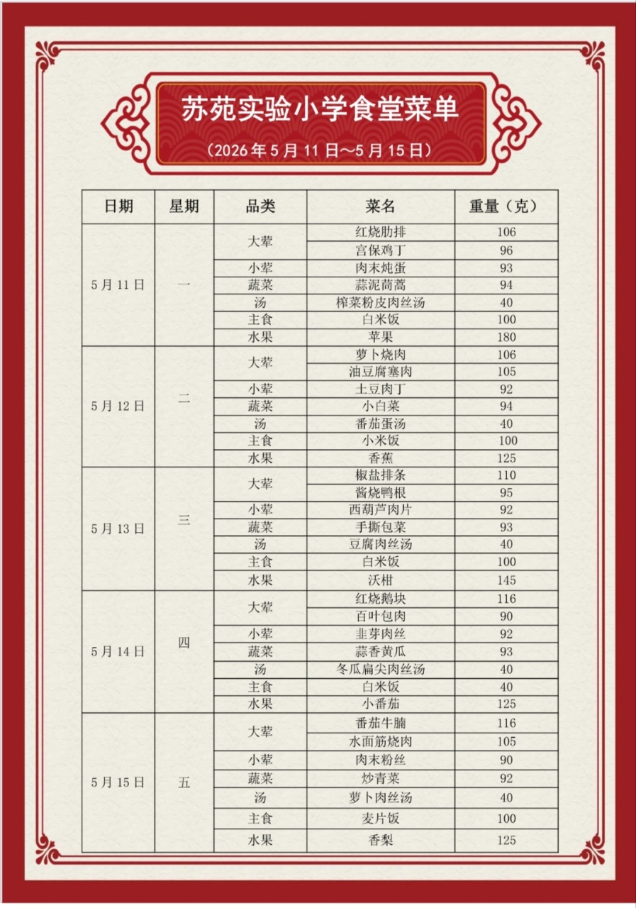 吴中区苏苑实验小学食堂菜单（2026.5.11—2026.5.15）