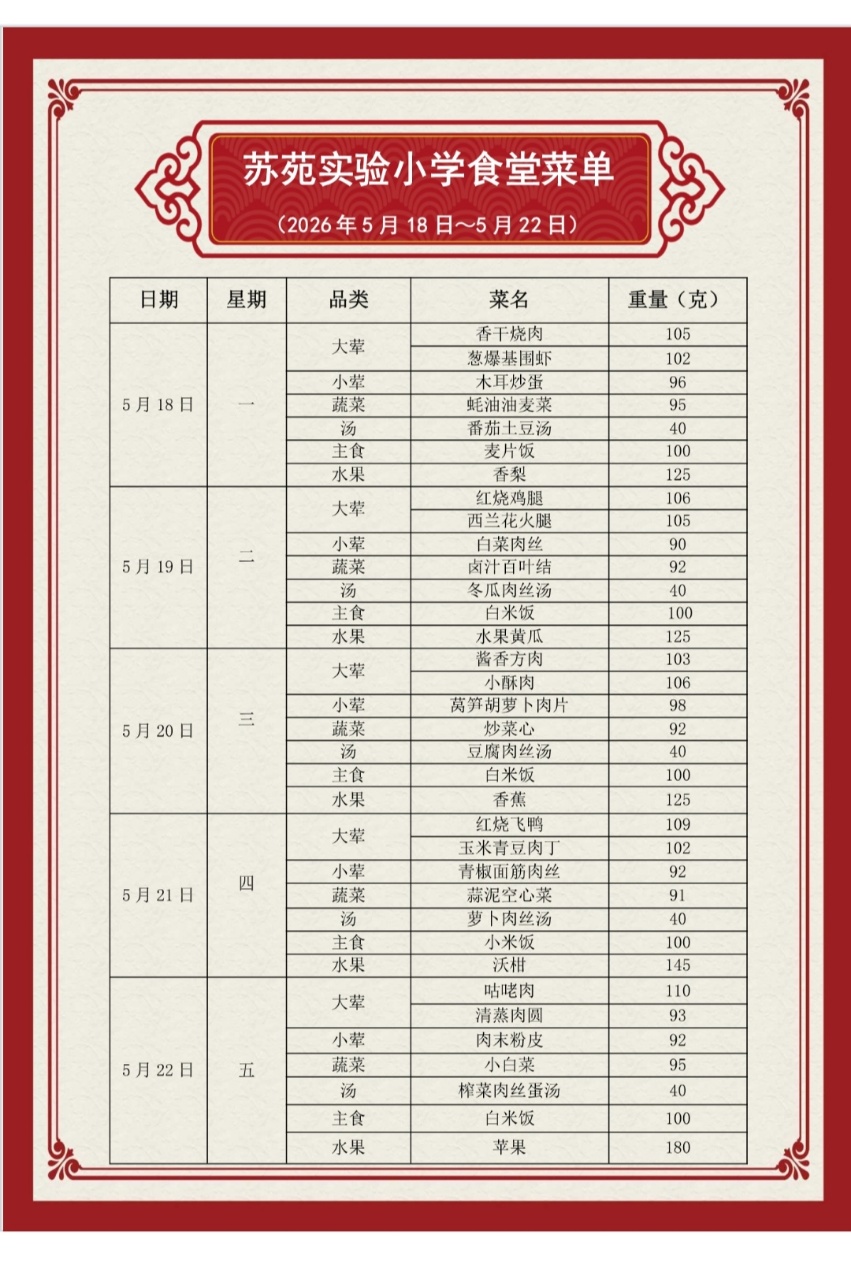 吴中区苏苑实验小学食堂菜单（2026.5.18—2026.5.22）