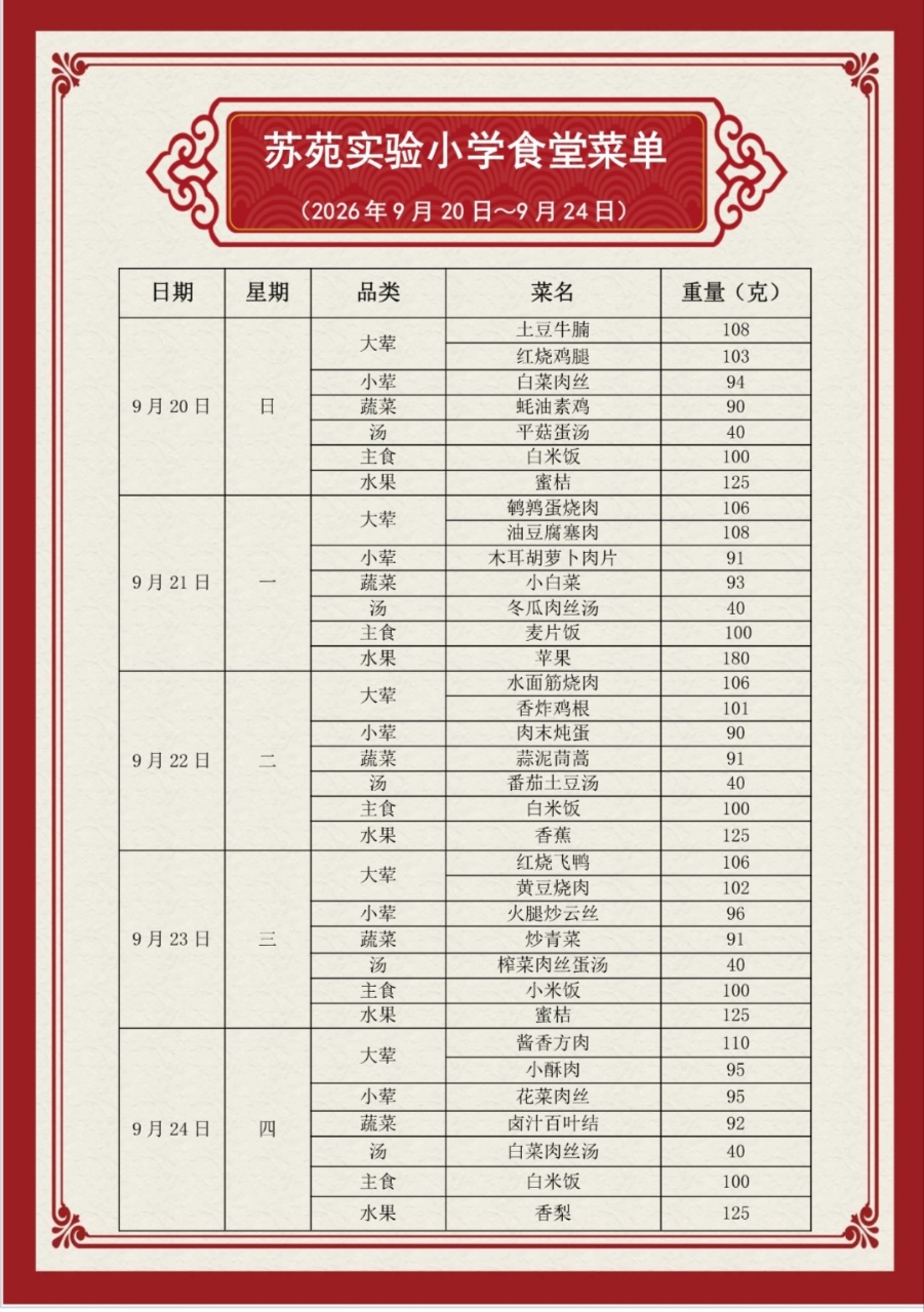 吴中区苏苑实验小学食堂菜单（2026.9.20—2026.9.24）